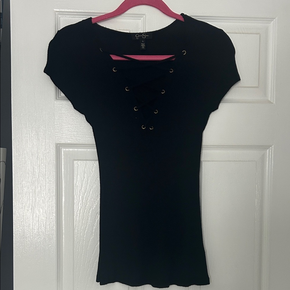 Jessica Simpson Black Lace-Up Short Sleeve Top